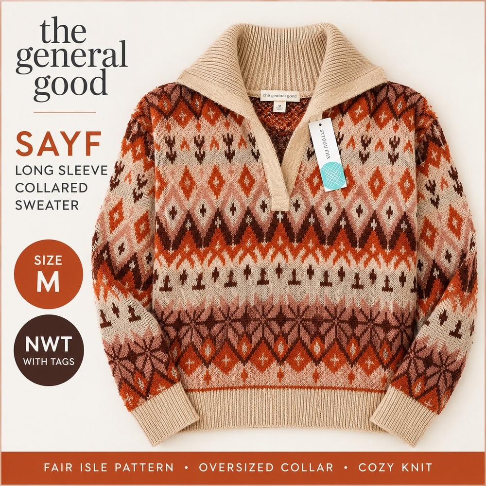 The General Good Fair Isle Collared Sweater Beige Orange Fall Size M NWT